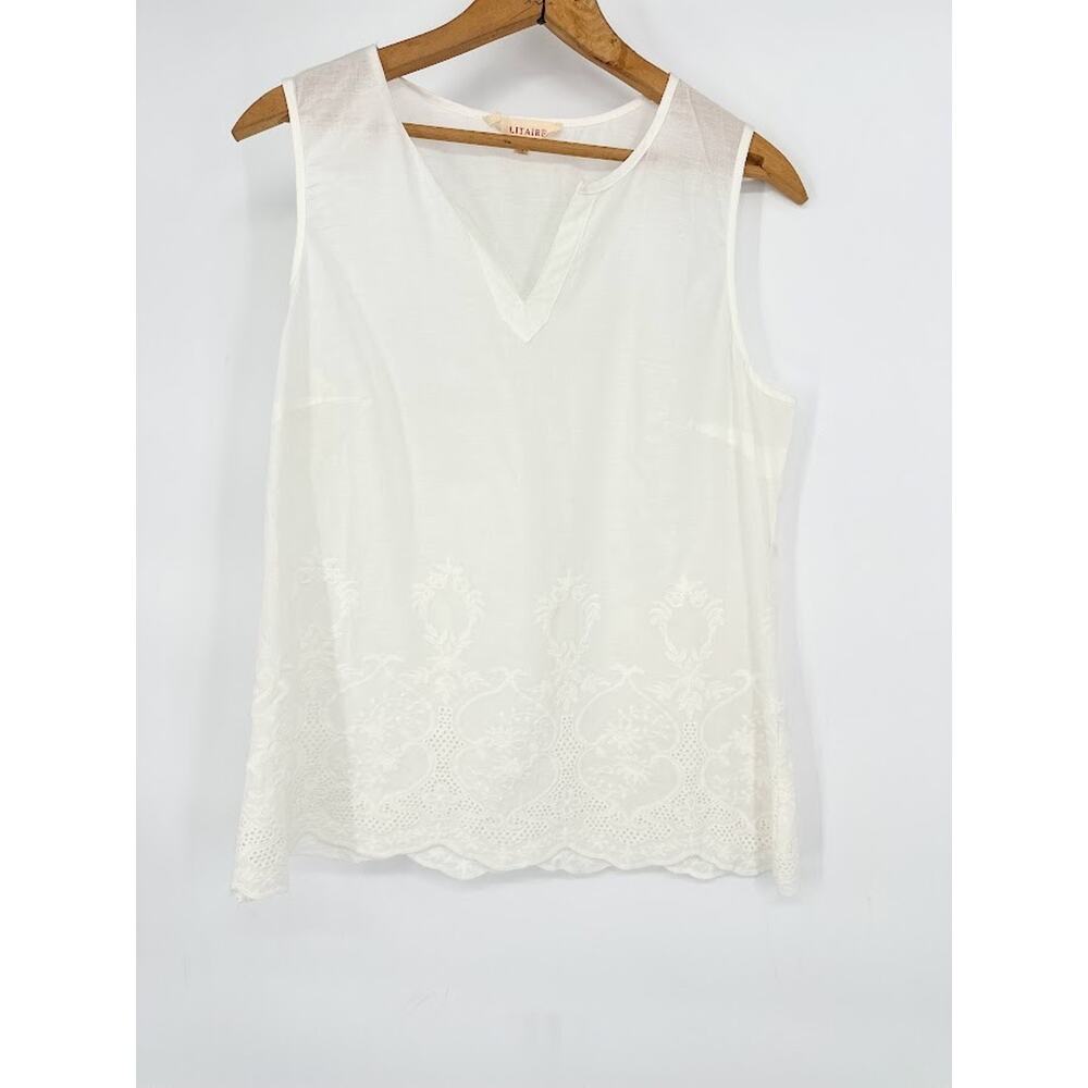 Solitaire White Sleeveless Womens Top Size Large Embroidered Cottage Lightweight